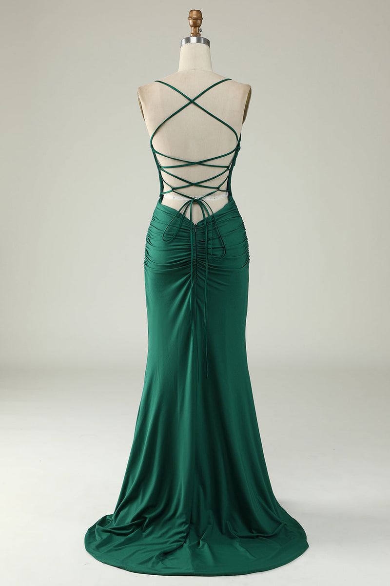 Load image into Gallery viewer, Mermaid Spaghetti Straps Royal Blue Plus Size Prom Dress with Criss Cross Back