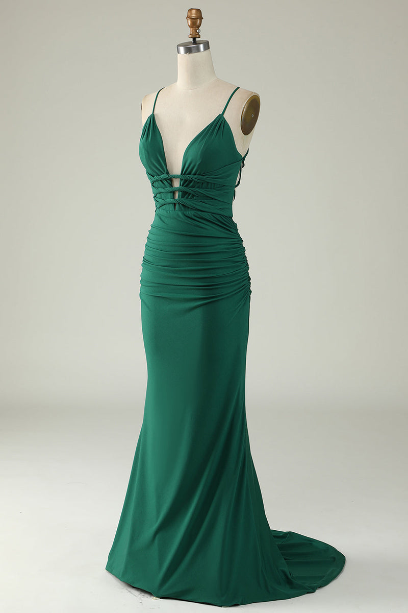 Load image into Gallery viewer, Mermaid Spaghetti Straps Royal Blue Plus Size Prom Dress with Criss Cross Back