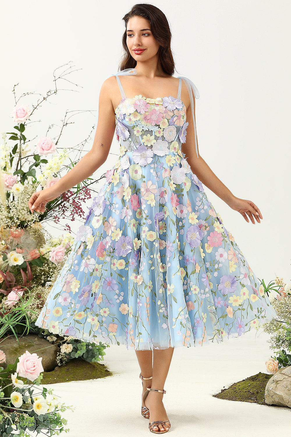 Cute A Line Spaghetti Straps Blue Tea Length Prom Dress with 3D Flowers
