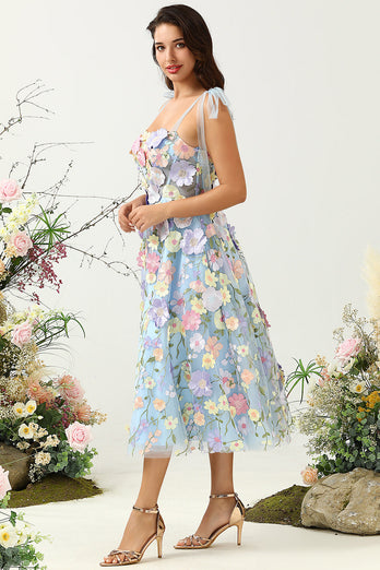 Cute A Line Spaghetti Straps Blue Tea Length Prom Dress with 3D Flowers