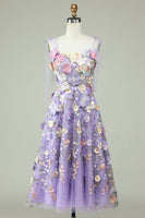Load image into Gallery viewer, A Line Spaghetti Straps Purple Tea Length Prom Dress with 3D Flowers