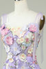 Load image into Gallery viewer, A Line Spaghetti Straps Purple Tea Length Prom Dress with 3D Flowers