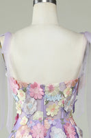 Load image into Gallery viewer, A Line Spaghetti Straps Purple Tea Length Prom Dress with 3D Flowers