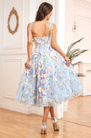 Load image into Gallery viewer, A Line Spaghetti Straps Purple Tea Length Prom Dress with 3D Flowers