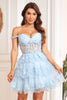 Load image into Gallery viewer, Off the Shoulder A Line Blue Corset Graduation Dress with Lace
