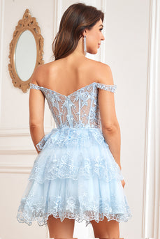 Off the Shoulder A Line Blue Corset Graduation Dress with Lace