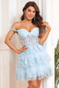 Load image into Gallery viewer, Off the Shoulder A Line Blue Corset Graduation Dress with Lace