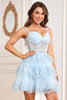 Load image into Gallery viewer, Off the Shoulder A Line Blue Corset Graduation Dress with Lace