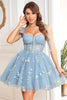 Load image into Gallery viewer, A Line Spaghetti Straps Black Short Homecoming Dress with Appliques