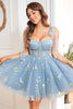 Load image into Gallery viewer, A Line Spaghetti Straps Grey Blue Short Prom Dress with Embroidery