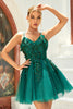 Load image into Gallery viewer, A Line Spaghetti Straps Dark Green Graduation Dress with Appliques Beading