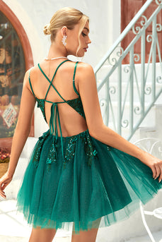 A Line Spaghetti Straps Dark Green Graduation Dress with Appliques Beading