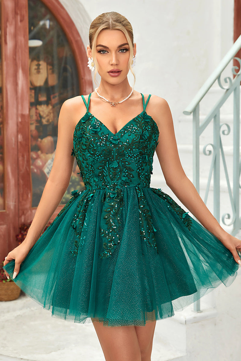Load image into Gallery viewer, A Line Spaghetti Straps Dark Green Graduation Dress with Appliques Beading