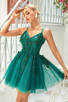 Load image into Gallery viewer, A Line Spaghetti Straps Dark Green Graduation Dress with Appliques Beading