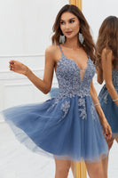 Load image into Gallery viewer, A Line Spaghetti Straps Grey Blue Graduation Dress with Appliques