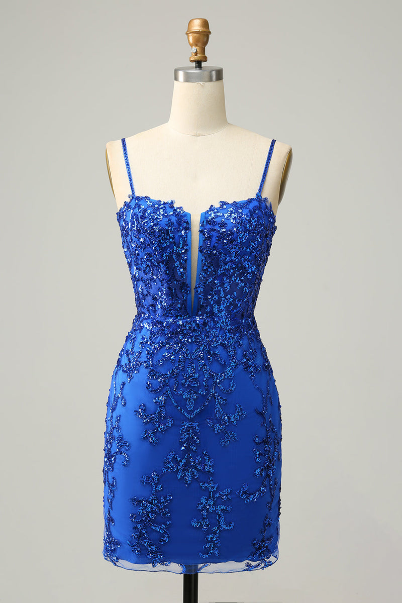 Load image into Gallery viewer, Bodycon Spaghetti Straps Sequins Little Black Dress with Criss Cross Back