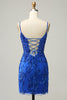 Load image into Gallery viewer, Bodycon Spaghetti Straps Sequins Little Black Dress with Criss Cross Back