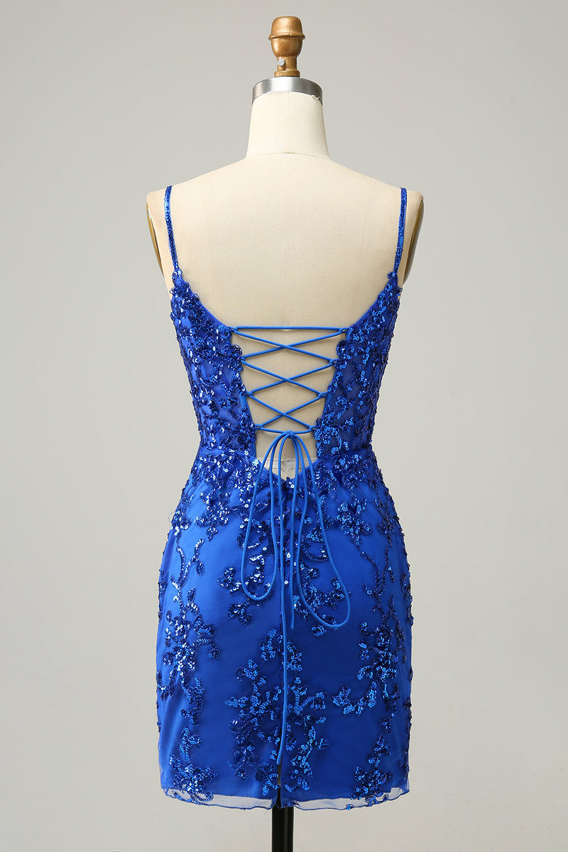 Load image into Gallery viewer, Bodycon Spaghetti Straps Sequins Little Black Dress with Criss Cross Back