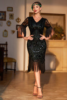 Load image into Gallery viewer, Dark Green V-neck Fringed Sequins Party Dress