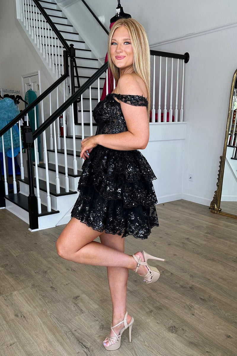 Load image into Gallery viewer, Sparkly Navy Corset Tiered Lace A-Line Short Graduation Dress