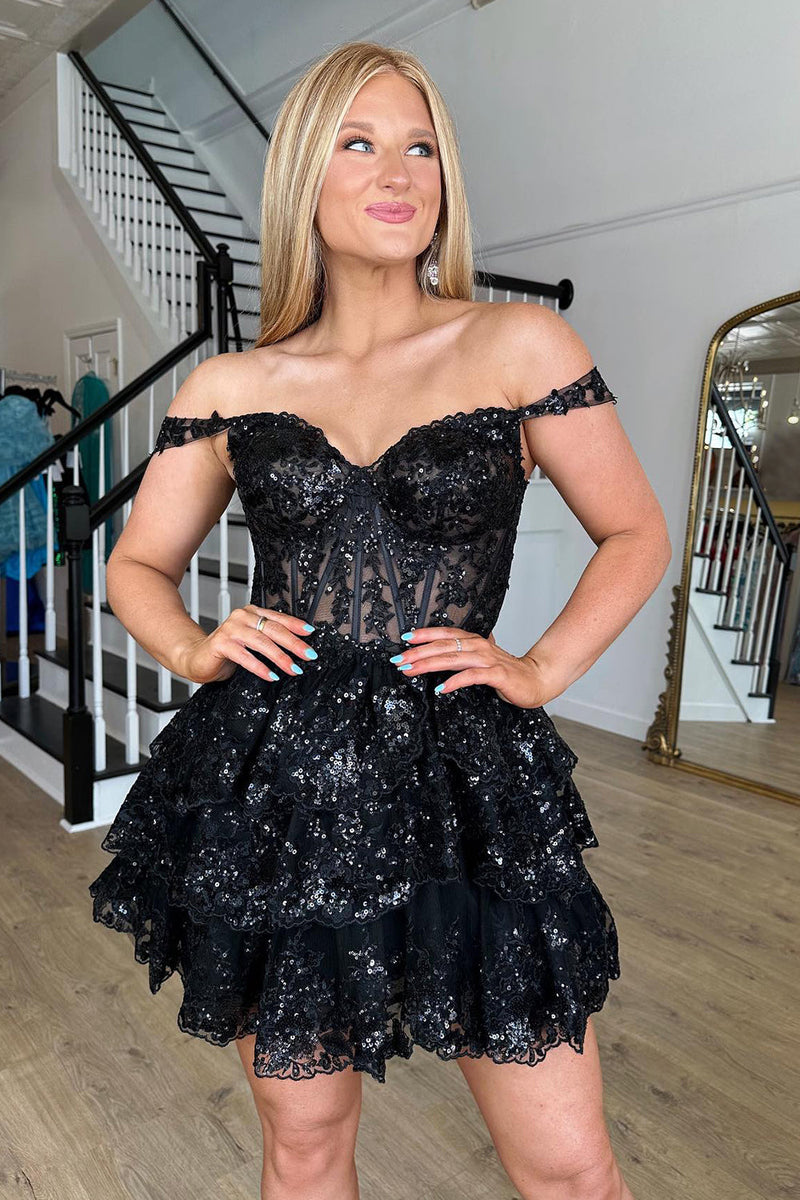 Load image into Gallery viewer, Sparkly Navy Corset Tiered Lace A-Line Short Graduation Dress