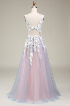 Gorgeous A Line Deep V Neck Grey Pink Long Prom Dress with Appliques