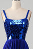Load image into Gallery viewer, Sparkly Lace-Up Back Royal Blue Prom Dress with Slit