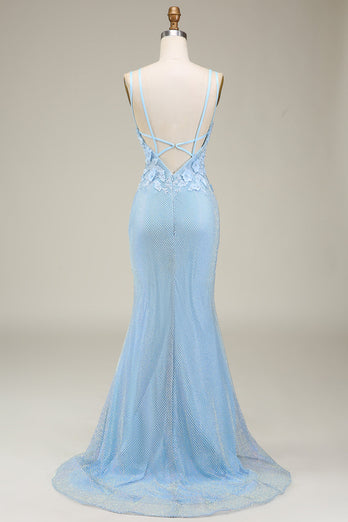 Stylish Mermaid Light Blue Long Prom Dress with Appliques