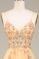 Load image into Gallery viewer, Charming A Line Spaghetti Straps Golden Long Prom Dress with Beading