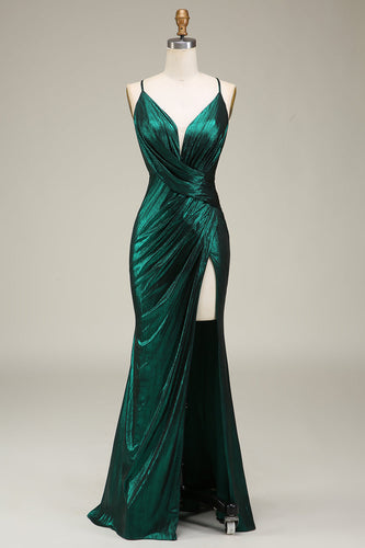 Mermaid Spaghetti Straps Dark Green Long Prom Dress with Open Back