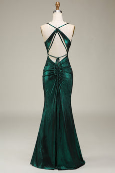 Mermaid Spaghetti Straps Dark Green Long Prom Dress with Open Back