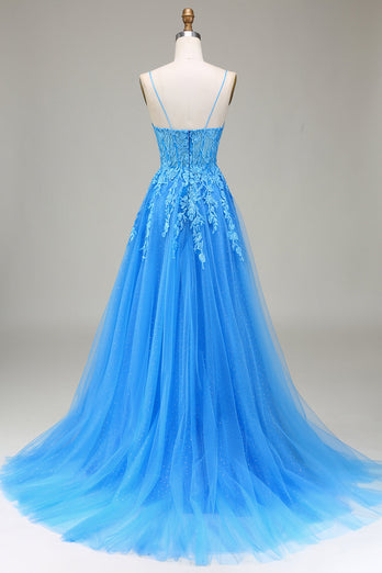 A-Line Spaghetti Straps Blue Tulle Prom Dress With Appliques