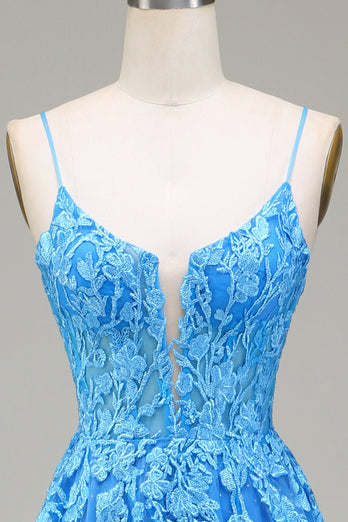 A-Line Spaghetti Straps Blue Tulle Prom Dress With Appliques