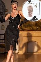 Load image into Gallery viewer, Sparkly Black Sequined 1920s Flapper Dress with 20s Accessories