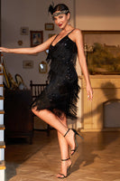 Load image into Gallery viewer, Sparkly Black Sequined 1920s Flapper Dress with 20s Accessories