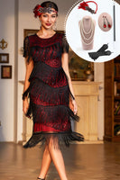 Load image into Gallery viewer, Sparkly Burgundy Sequined 1920s Flapper Dress with 20s Accessories