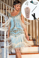 Load image into Gallery viewer, Sparkly Blue Sequined 1920s Flapper Dress with 20s Accessories