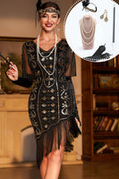 Load image into Gallery viewer, Sparkly Black Sequins 1920s Flapper Dress with 20s Accessories
