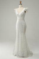 Load image into Gallery viewer, White Sequins V Neck Mermaid Long Prom Dress With Feathers