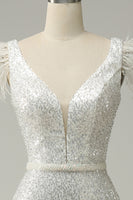 Load image into Gallery viewer, White Sequins V Neck Mermaid Long Prom Dress With Feathers