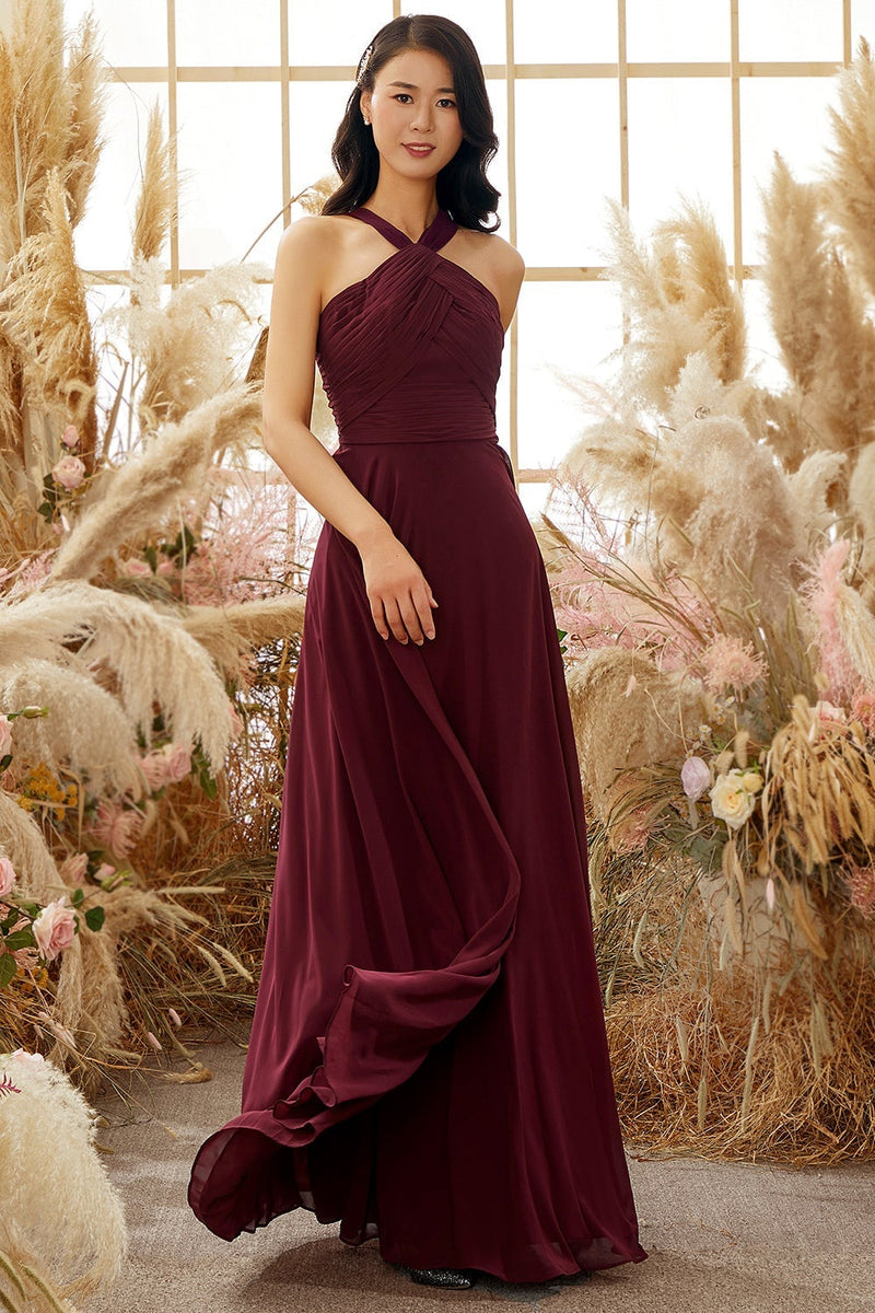 Load image into Gallery viewer, Burgundy Halter Chiffon Bridesmaid Dress