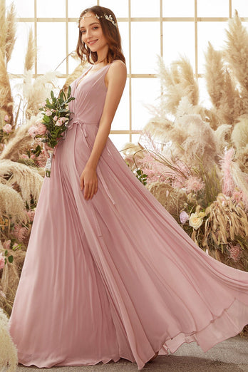 Blush V Neck Long Chiffon Bridesmaid Dress
