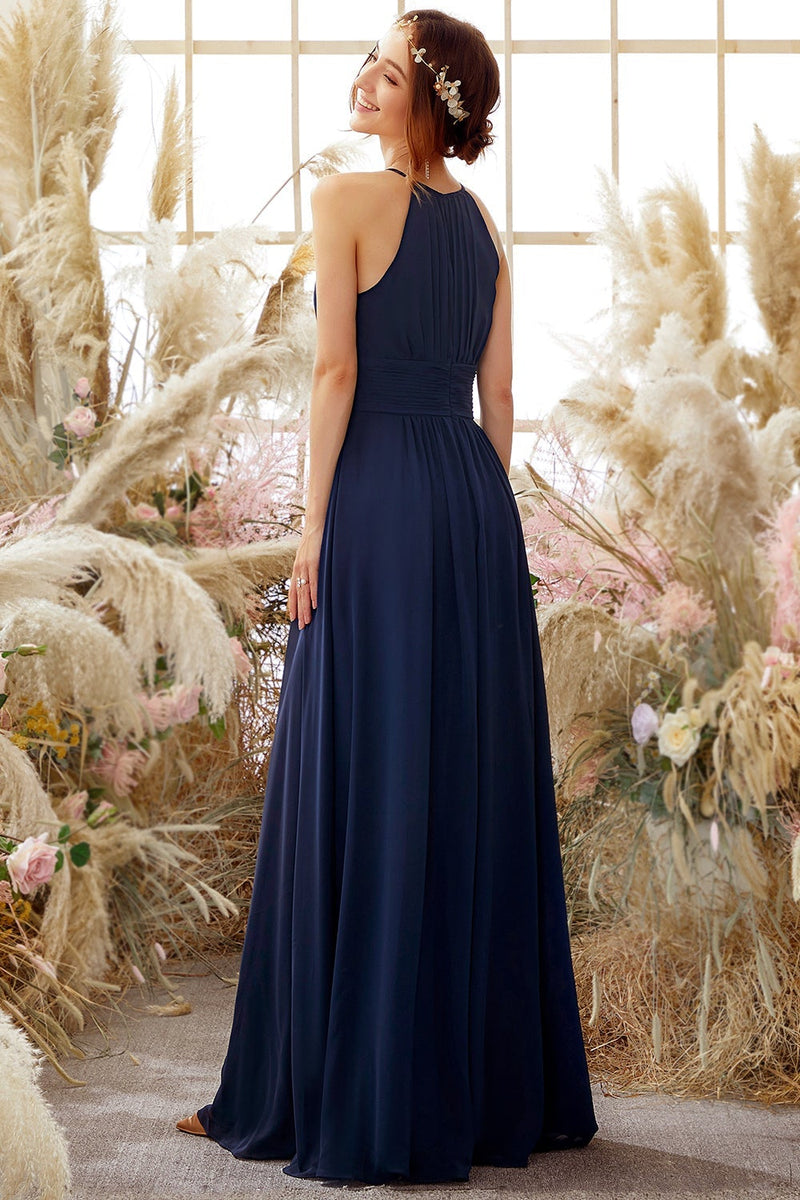 Load image into Gallery viewer, Navy Halter Chiffon Bridesmaid Dress