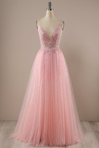 Pink Beading Tulle Princess Prom Dress