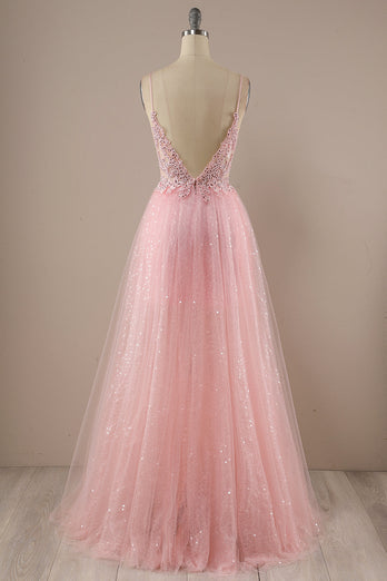 Pink Beading Tulle Princess Prom Dress