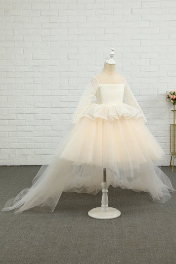 Apricot High-low Flower Girl Dress with Bow