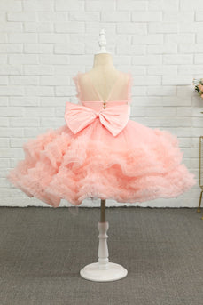 Pink Beading Tulle Flower Girl Dress with Bow