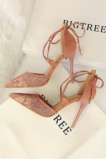 Shallow Pointed Toe Mesh Lace Cross Strap High Heels