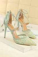 Load image into Gallery viewer, Shallow Pointed Toe Mesh Lace Cross Strap High Heels