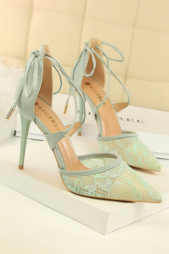 Shallow Pointed Toe Mesh Lace Cross Strap High Heels